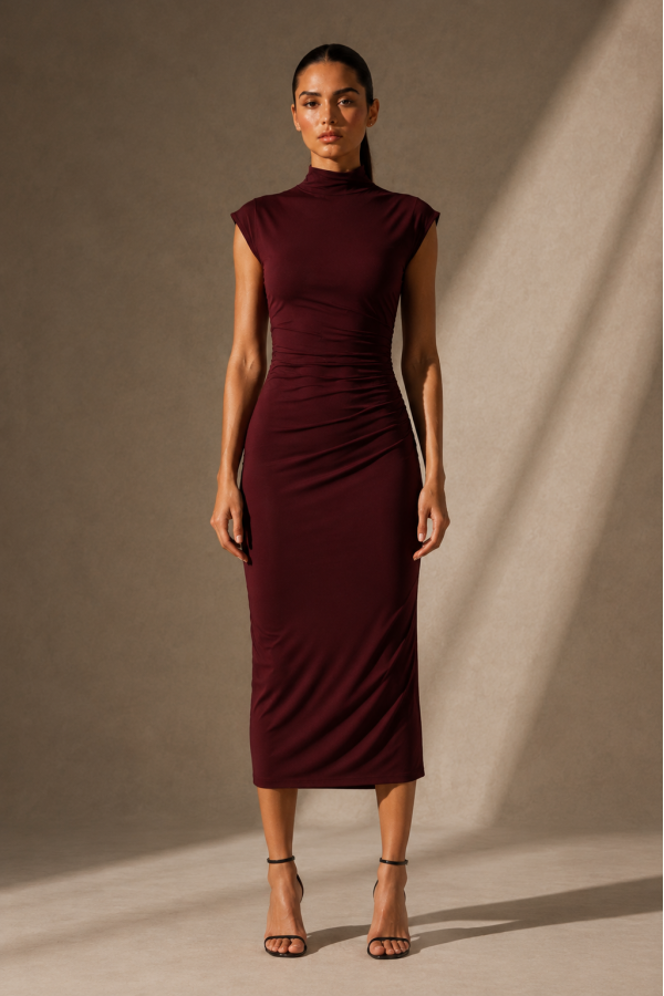 SHD4378 / Spring Haze<br/>Solid shirring midi dress