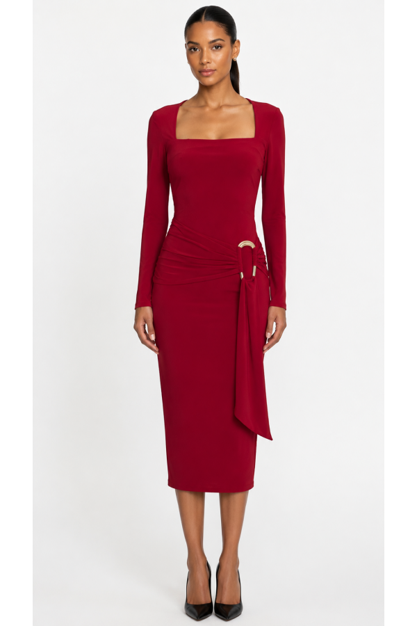 SHD4388 / Spring Haze<br/>Square neck, gold trim midi dress