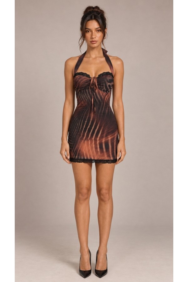 SHD4416 / Spring Haze<br/>Abstract Print Lace Trim Halter Mini Dress