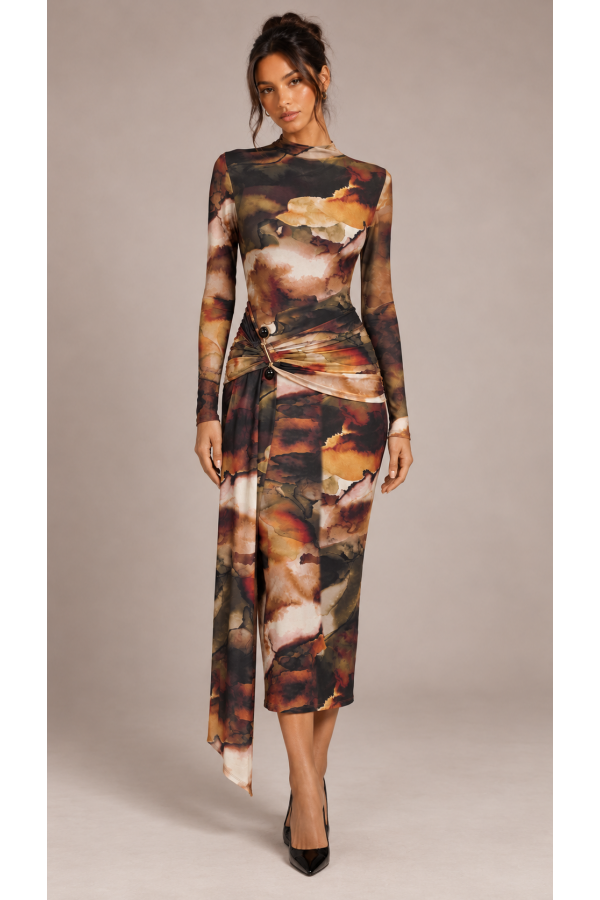 SHD4417 / Spring Haze<br/>Abstract Print Mesh Midi Dress with Side Drape