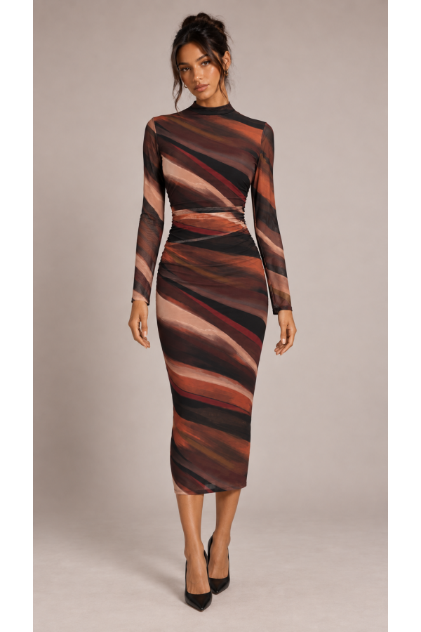 SHD4418 / Spring Haze<br/>Abstract Stripe Mock Neck Mesh Midi Dress