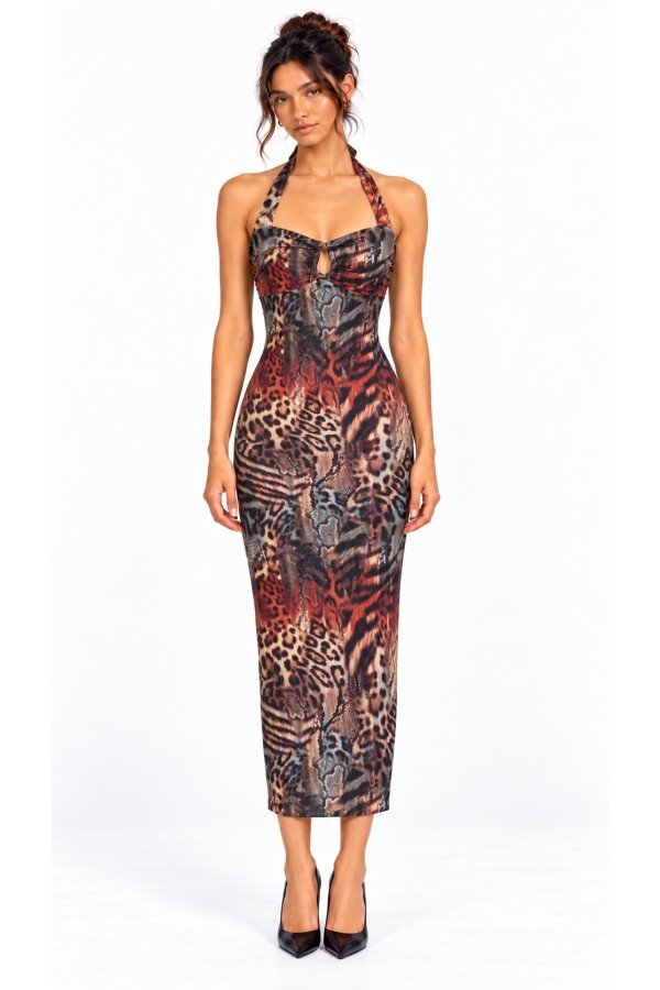 SHD4422 / Spring Haze<br/>Mixed Animal Print Halter Mesh Midi Dress