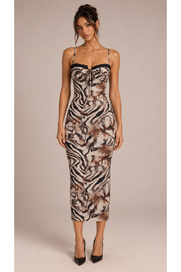 SHD4423 / Spring Haze<br/>Animal Print Lace Trim Mesh Midi Dress