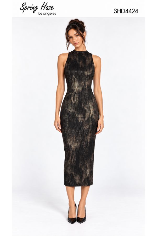 SHD4424 / Spring Haze<br/>Abstract Print Ribbed Foil Mock Neck Midi Dress