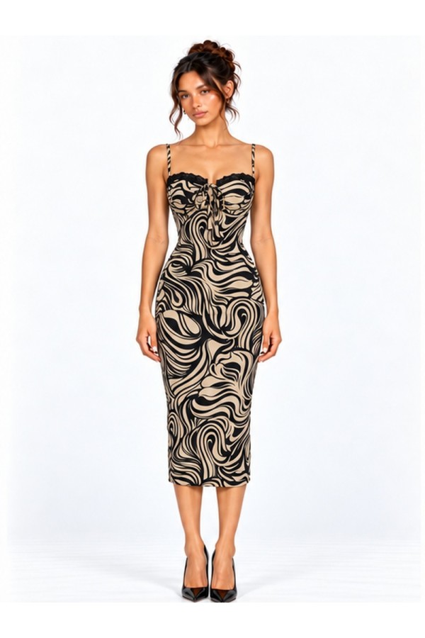 SHD4428 / Spring Haze<br/>Abstract Swirl Lace Trim Midi Dress