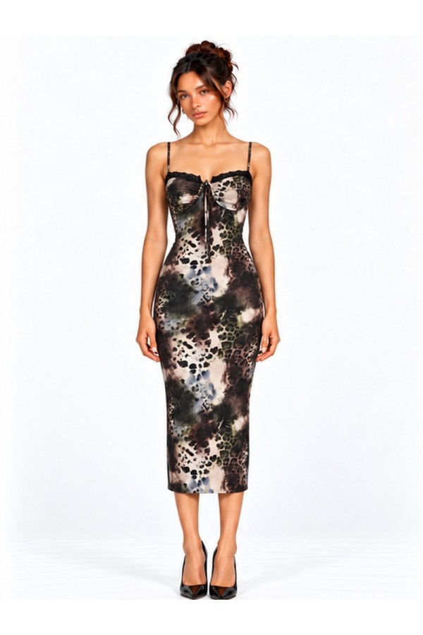 SHD4429 / Spring Haze<br/>Animal Print Lace Trim Midi Dress