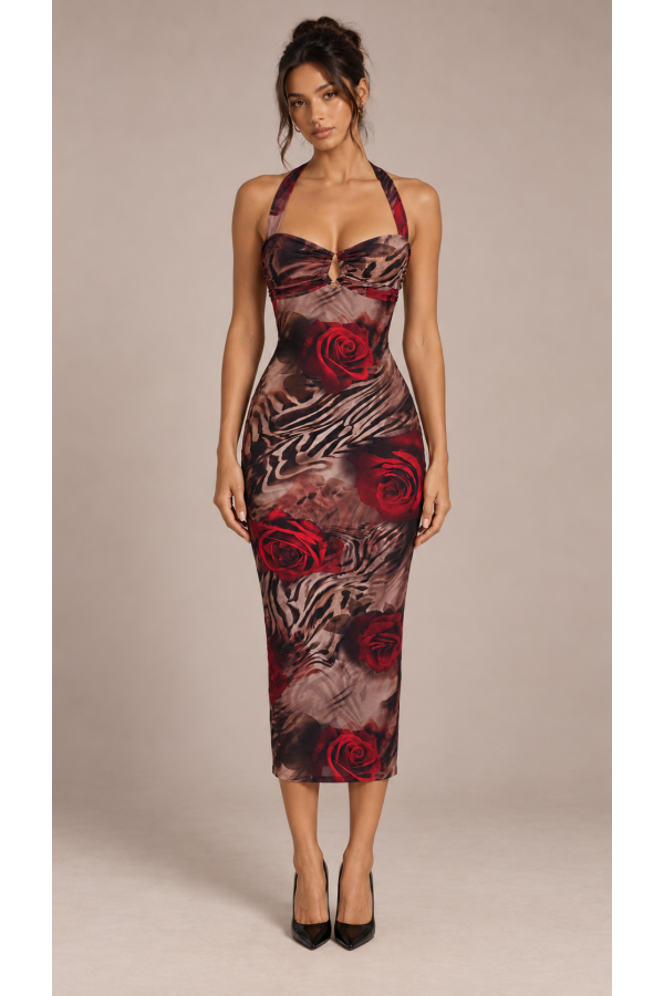 SHD4431 / Spring Haze<br/>Rose Animal Print Halter Mesh Midi Dress