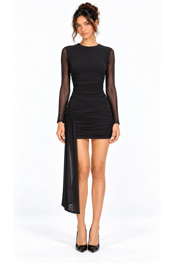 SHD4441 / Spring Haze<br/>Ruched Mesh Mini Dress with Side Drape