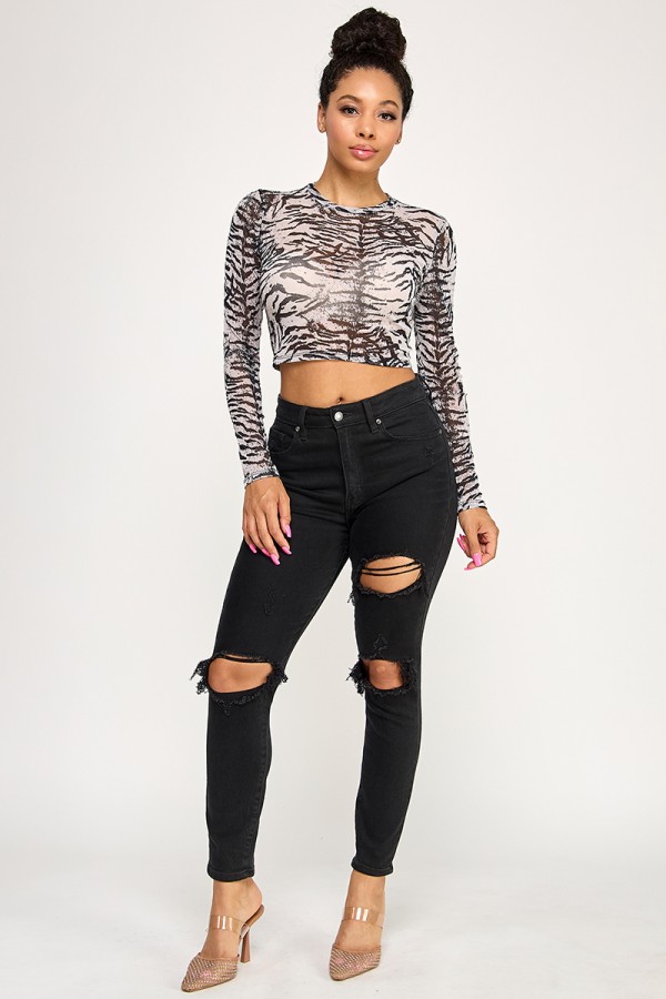 SHT8762 / Spring Haze<br/>Print mesh long sleeve top