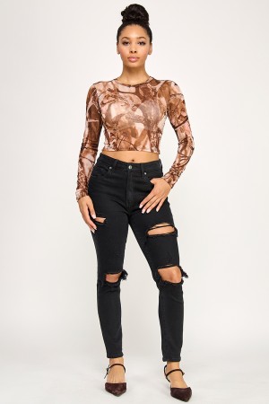 SHT8764 / Spring Haze<br/>Print mesh long sleeve top