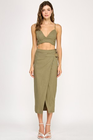 SIS6019 / Spring Haze<br/>Linen crop top and midi wrap skirt set