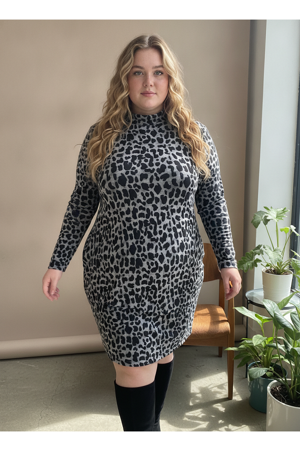 LMD5929-APL / Lovely Melody<br/>Plus Mock Neck Leopard Print Shift Dress