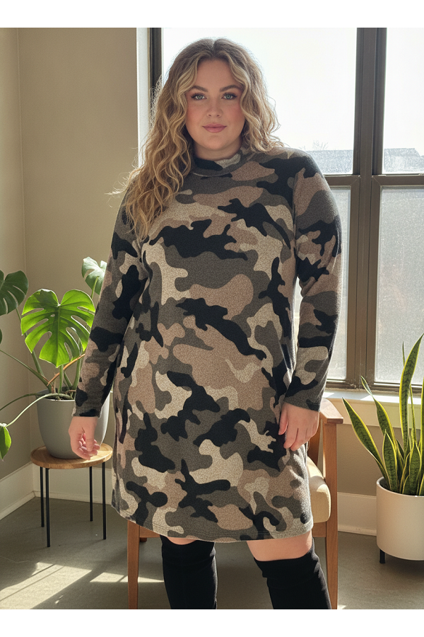 LMD5929-DPL / Lovely Melody<br/>Camouflage Long-Sleeve Sweater Dress