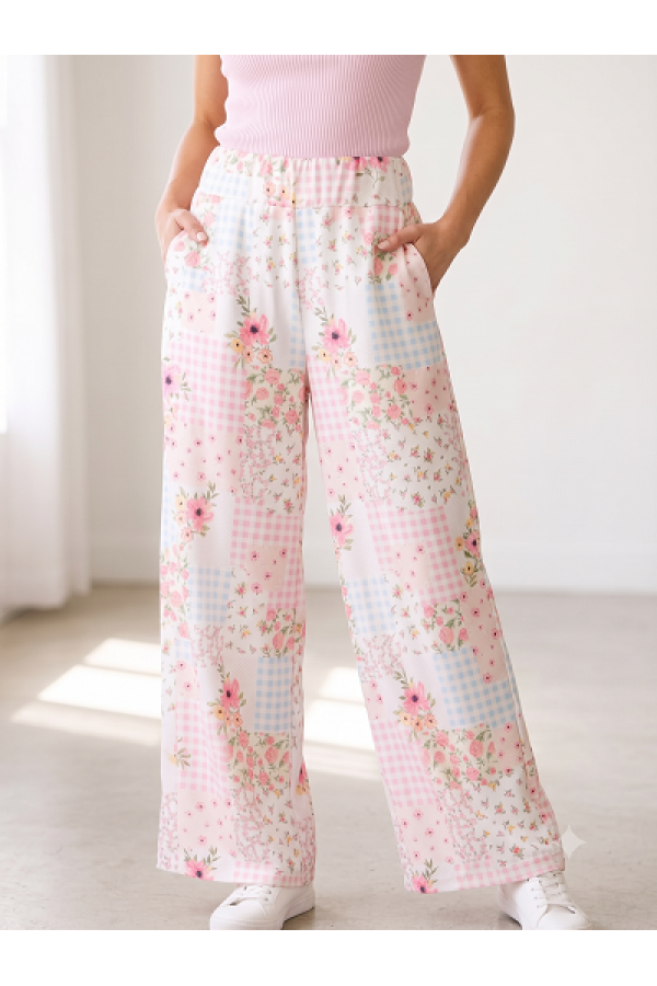 LMP5942 / Lovely Melody<br/>Floral Patchwork Wide-Leg Lounge Pants