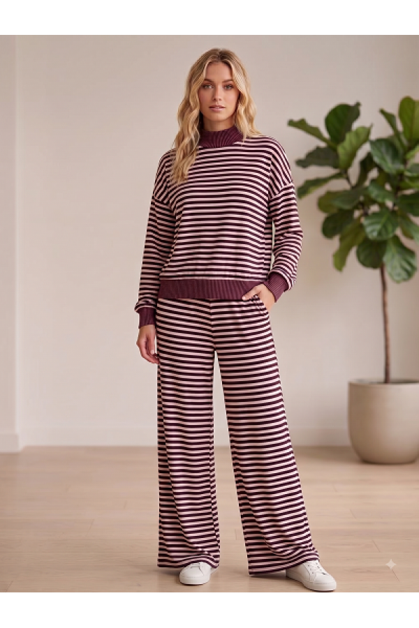 LMP5946 / Lovely Melody<br/>Striped High-Waist Wide-Leg Knit Lounge Pants