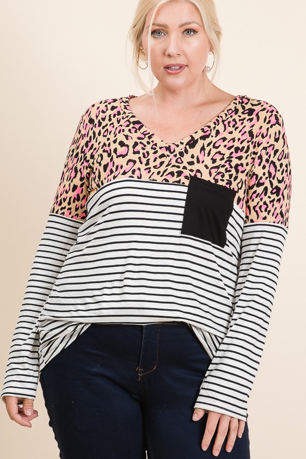LMT1860PL / Lovely Melody<br/>PLUS SIZE Neon Leopard Colorblock V Neck Top