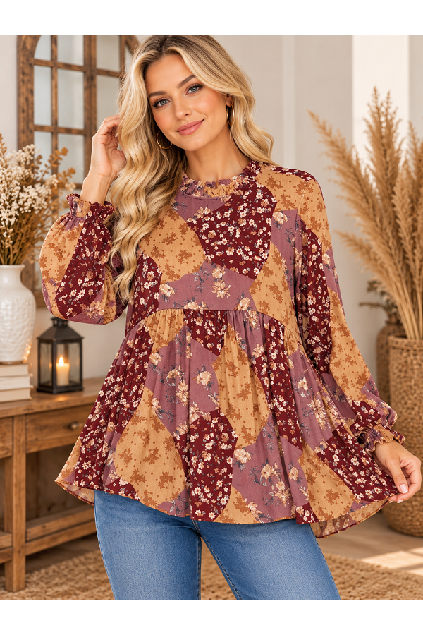 LMT3505 / Lovely Melody<br/>Autumn Patchwork Floral Smocked Babydoll Blouse