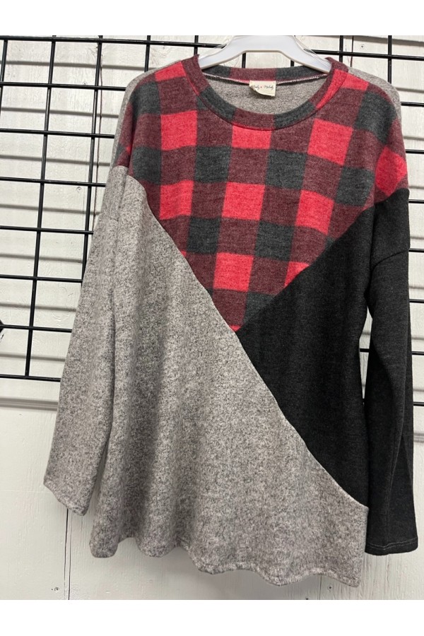 LMT3707 / Lovely Melody<br/>Buffalo Plaid Colorblock Top