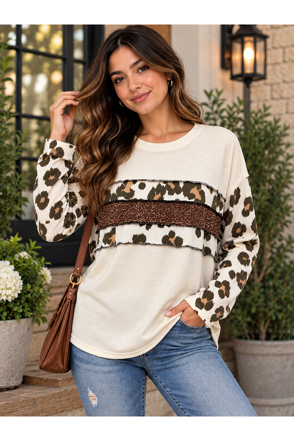 LMT3727 / Lovely Melody<br/>Leopard Print Sequin Detail Long Sleeve Top