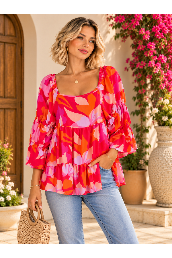 LMT4086 / Lovely Melody<br/>Abstract Floral Square Neck Tiered Babydoll Blouse