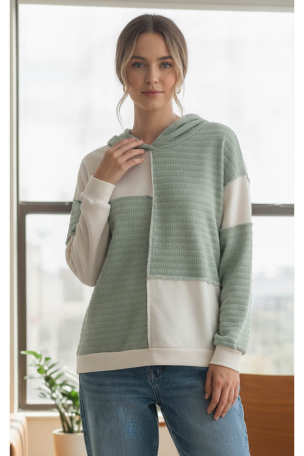LMT4526 / Lovely Melody<br/>Color Block Waffle Knit Hoodie