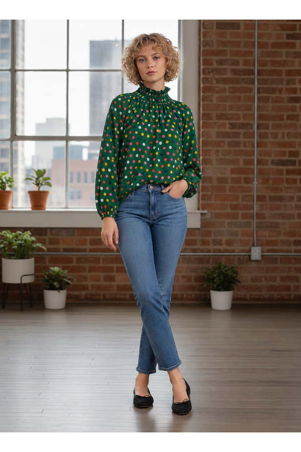 LMT4638 / Lovely Melody<br/>Colorful Polka Dot Smocked Neck Blouse