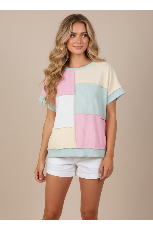 LMT4929 / Lovely Melody<br/>Cozy Clouds color block ribbed top