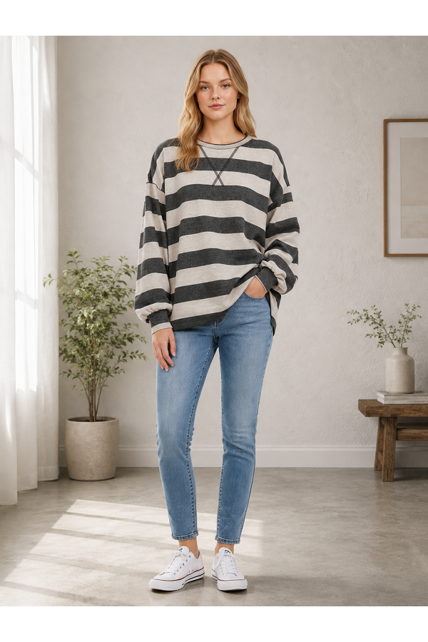 LMT4968 / Lovely Melody<br/>Charcoal & Cream Striped Crewneck Top