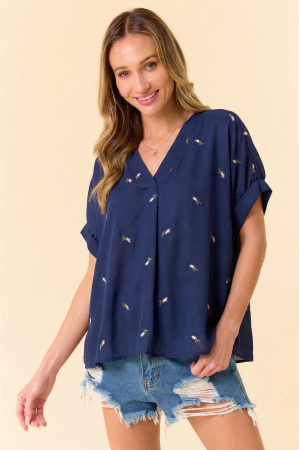 LMT4983 / Lovely Melody<br/>Celeste Navy Embroidered Floral V-Neck Top