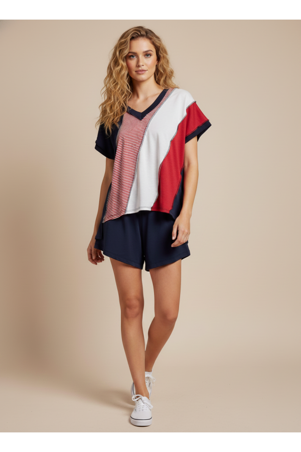 LMT5003 / Lovely Melody<br/>Colors of the Brave Patchwork V-Neck Top