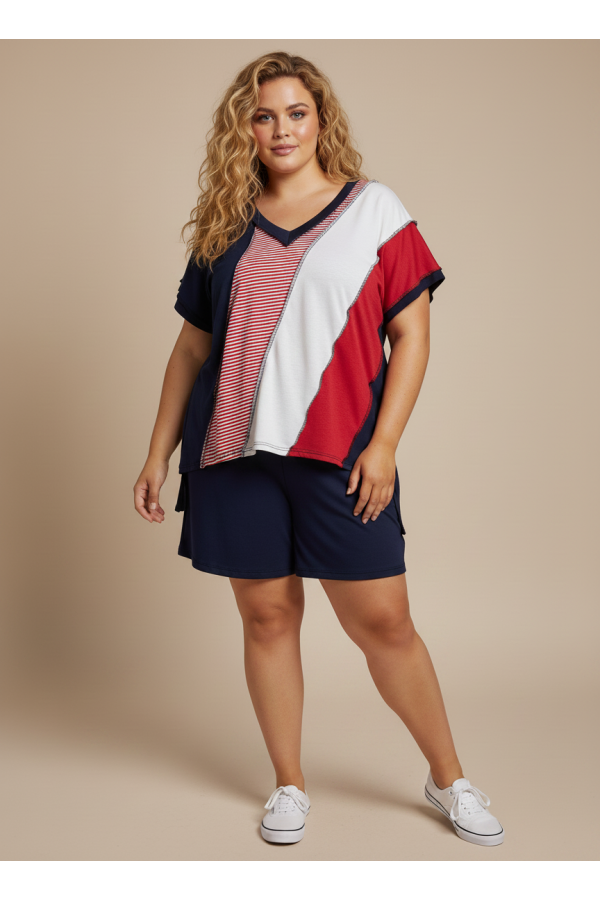 LMT5003PLUS / Lovely Melody<br/>Colors of the Brave Patchwork V-Neck Top Plus Size