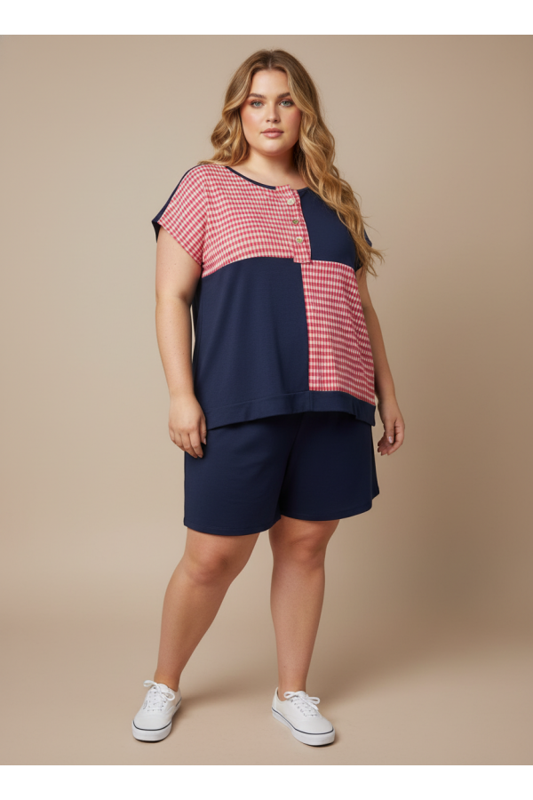 LMT5011PLUS / Lovely Melody<br/>Red White & True Gingham Henley Top Plus Size