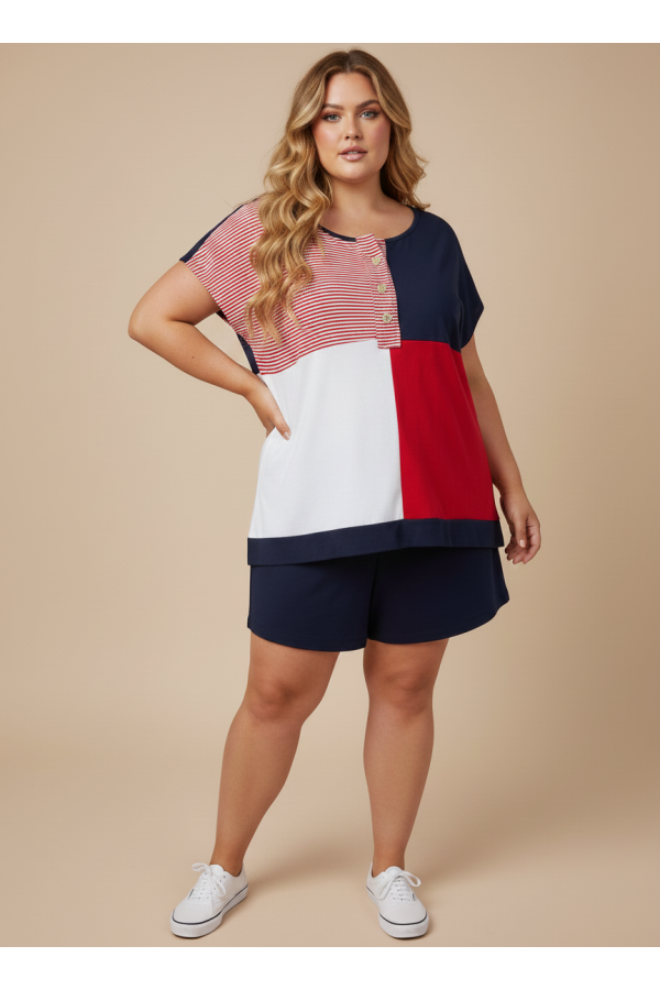 LMT5012PLUS / Lovely Melody<br/>Flag Day Color Block Henley Top Plus size