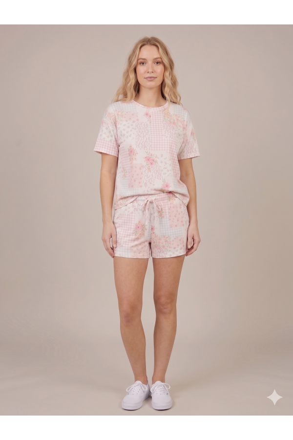 LMT5043 / Lovely Melody<br/>Pink Gingham Floral Patchwork Tee
