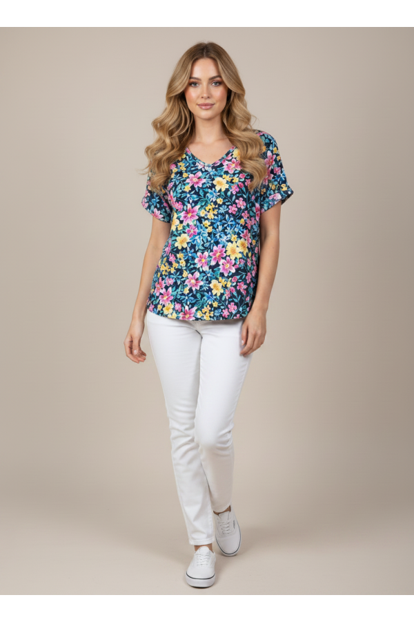 LMT5051 / Lovely Melody<br/>Midnight Garden Floral V-Neck Top