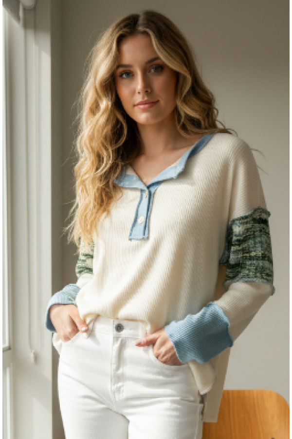 LMT5081-A / Lovely Melody<br/>Mixed Fabric Henley Top