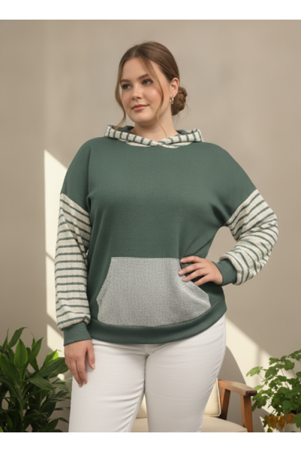 LMT5082PL-A / Lovely Melody<br/>Plus Size Seaside Striped Hoodie