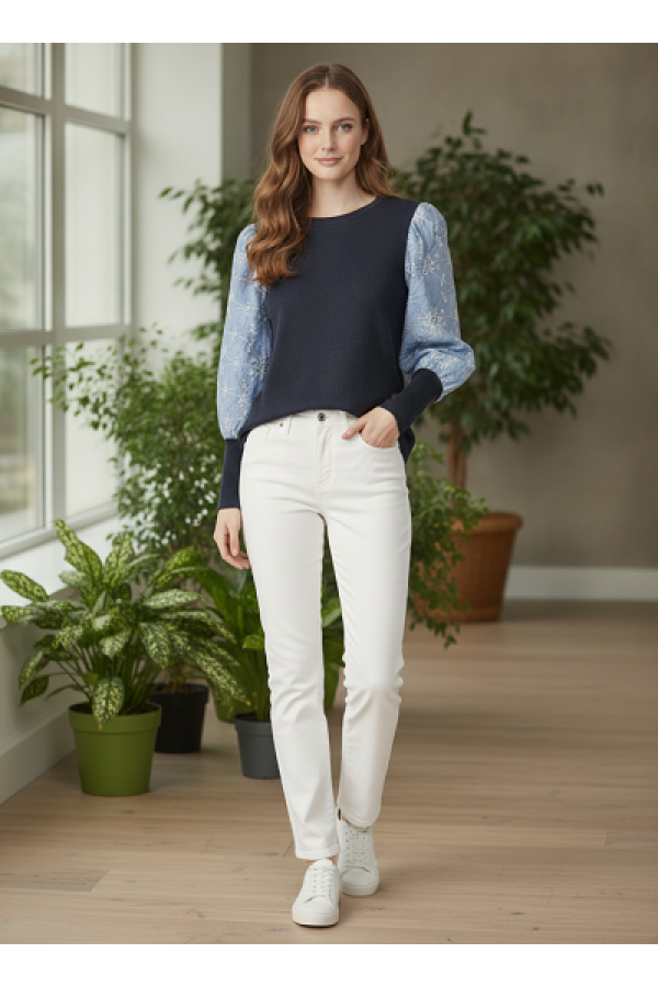 LMT5123 / Lovely Melody<br/>Embroidered Puff-Sleeve Mixed-Media Knit Top