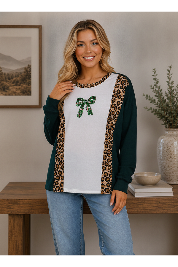 LMT5146 / Lovely Melody<br/>Festive Leopard Bow Color-Block Top