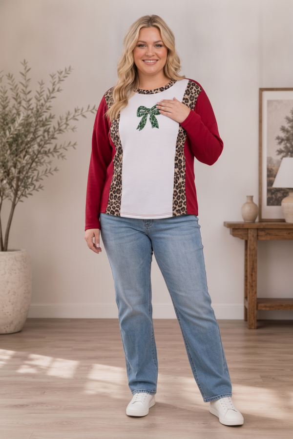 LMT5146PL / Lovely Melody<br/>Plus Size Festive Leopard Bow Color-Block Top