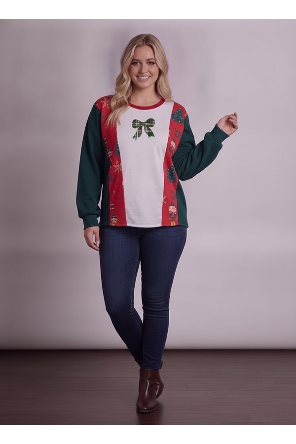 LMT5147PL / Lovely Melody<br/>Plus Size Holiday Colorblock Bow Sweatshirt