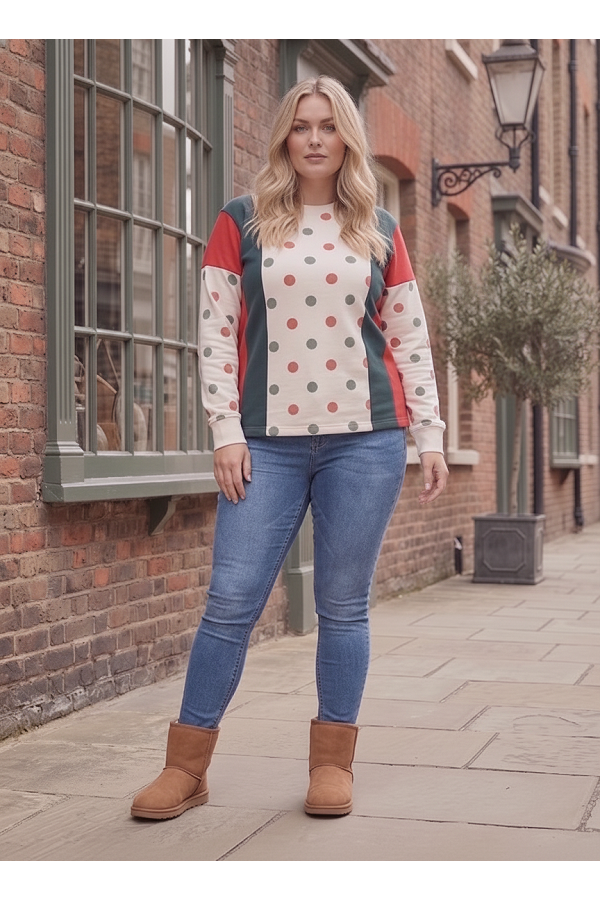 LMT5148PL / Lovely Melody<br/>Plus Size Polka Dot Color Block Long Sleeve Top