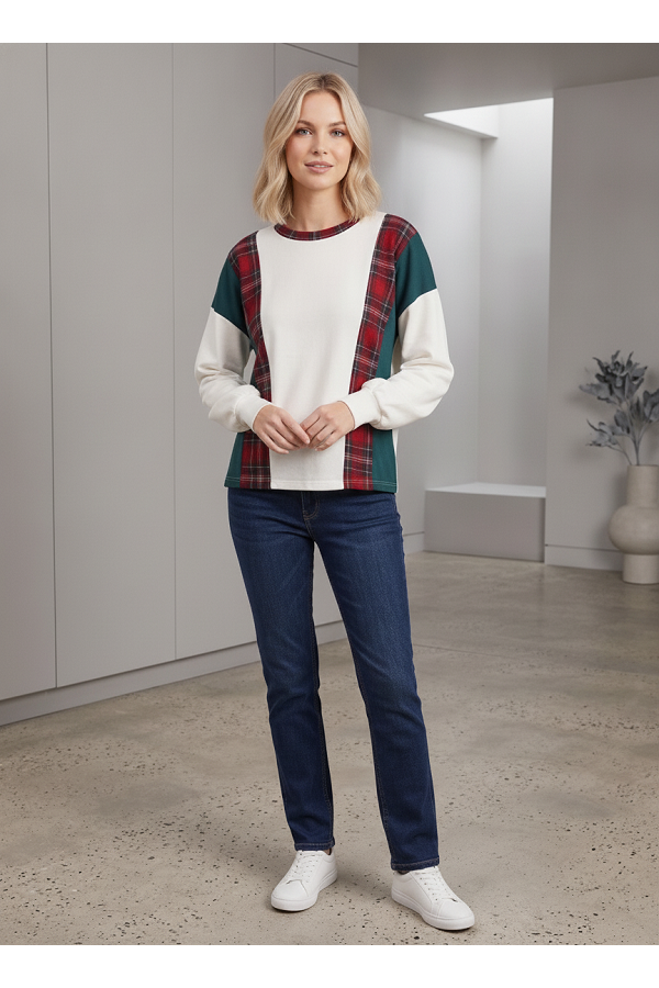 LMT5149 / Lovely Melody<br/>Holiday Patchwork Plaid Long Sleeve Top