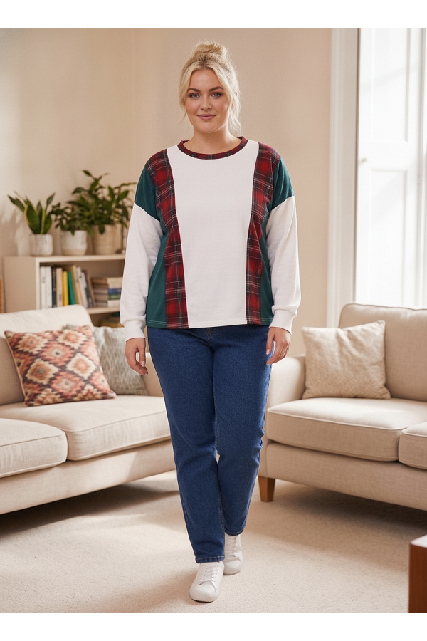 LMT5149PL / Lovely Melody<br/>Plus Size Holiday Patchwork Plaid Long Sleeve Top