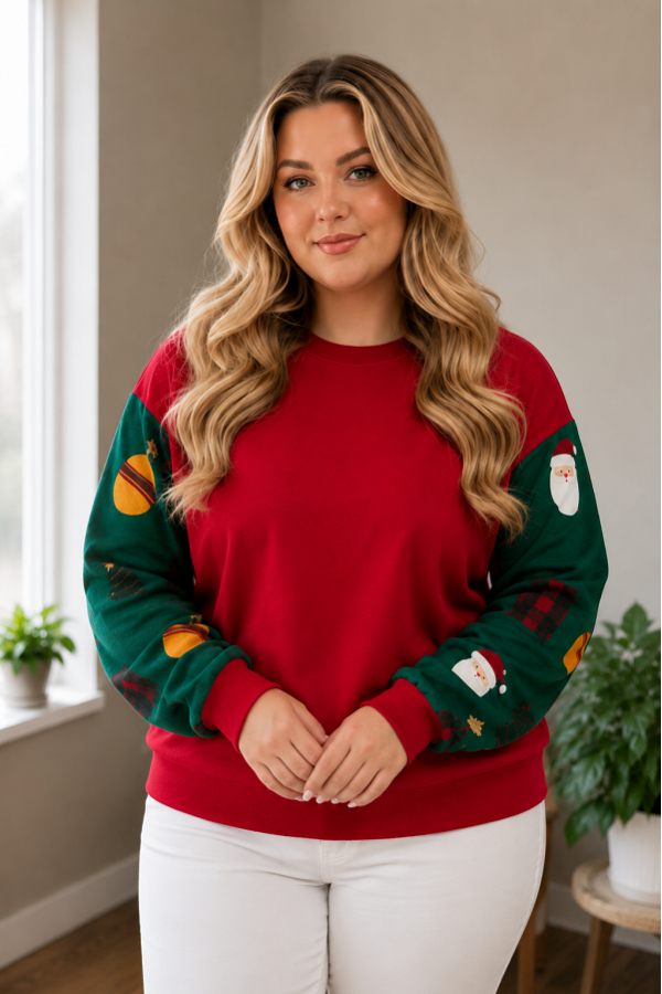 LMT5156PL / Lovely Melody<br/>Plus Size Festive Santa Sleeve Christmas Sweatshirt