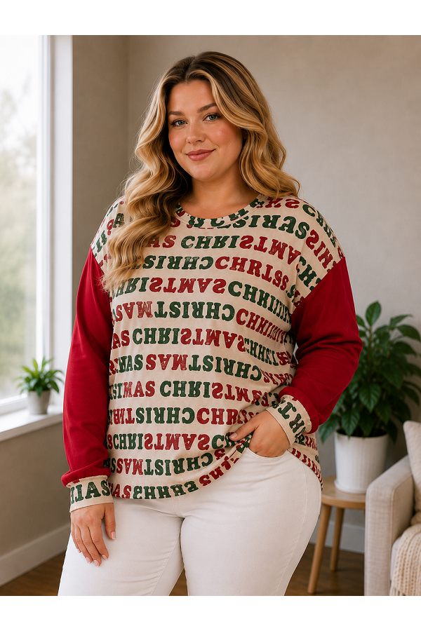 LMT5159PL / Lovely Melody<br/>Plus Size Holiday Cheer Typography Colorblock Long-Sleeve Pullover Top