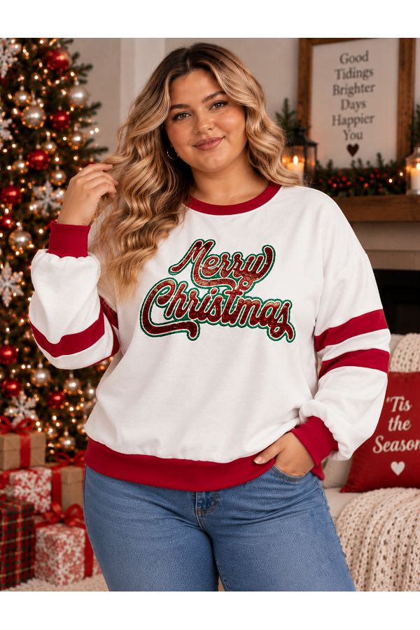 LMT5161PL / Lovely Melody<br/>Plus Size Merry Christmas Varsity Stripe Pullover