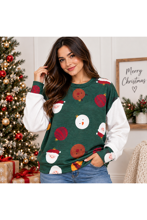 LMT5163 / Lovely Melody<br/>Merry Bright Christmas Print Color Block Sweatshirt