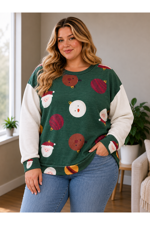 LMT5163PL / Lovely Melody<br/>Plus Size Merry Bright Christmas Print Color Block Sweatshirt