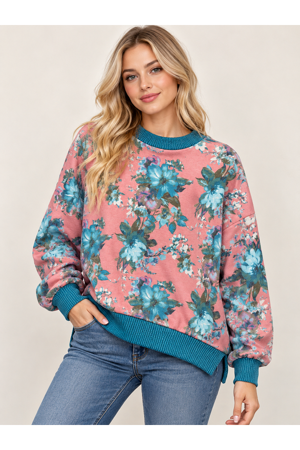 LMT5614 / Lovely Melody<br/>Vintage Floral Contrast-Trim Pullover Sweatshirt